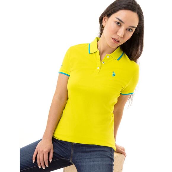 U.S. Polo Assn. Women's Tipped Solid Polo Shirt Color - Electric Lime - Size M - Picture 5 of 6